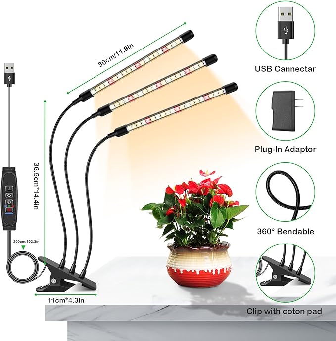 Full Spectrum LED Grow Light for Indoor Plants, 3 Heads Grow Lights for Seed Starting, 10 Dimmable