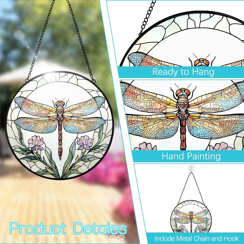 Dragonfly with Flower Suncatcher Stained Glass Window Hanging - 8” Stained Glass Suncatchers for