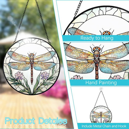 Dragonfly with Flower Suncatcher Stained Glass Window Hanging - 8” Stained Glass Suncatchers for