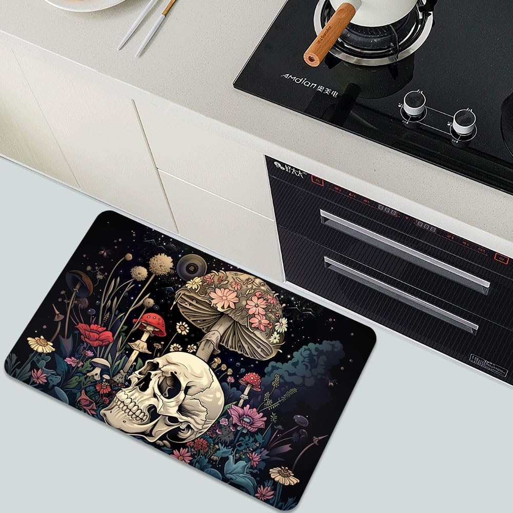 Bath Mat-Bathroom Rug，A Skull and Mushroom-Absorbent Non Slip Quick Dry Stain Resistant Easy to