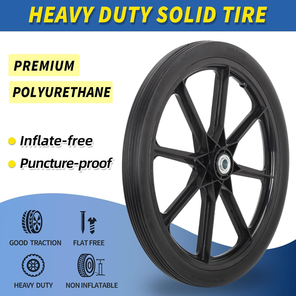 20" Flat Free Tire and Wheel, with 3/4" & 5/8" Bearing, 2.45" Centered Hub, Replacement Wheel For