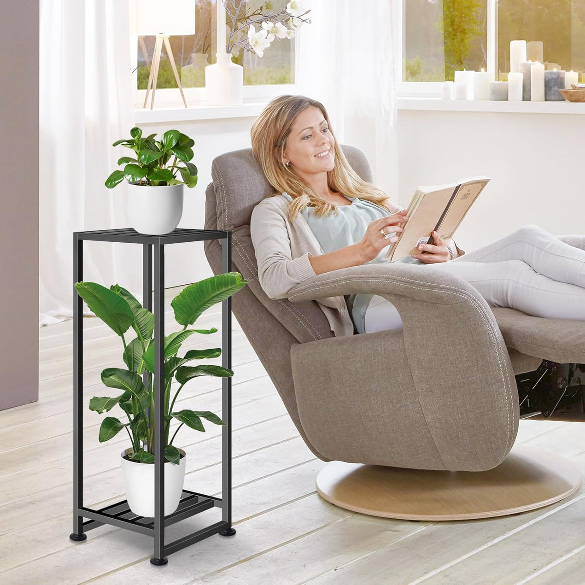 Plant Stand Indoor Outdoor, Wrought Iron Plant Stands 2 Tier Heavy Duty Metal Pedestal Stand