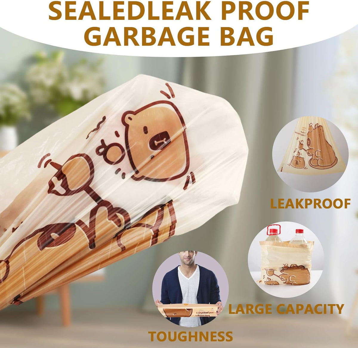 VOK 4 Gallon Trash Bags with Capybara Printed, Drawstring Small Garbage Bags, Tear-Resistant &