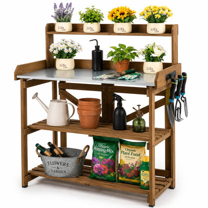 Garden Potting Bench Table Wooden Horticulture Outdoor Planting Work Bench with Metal