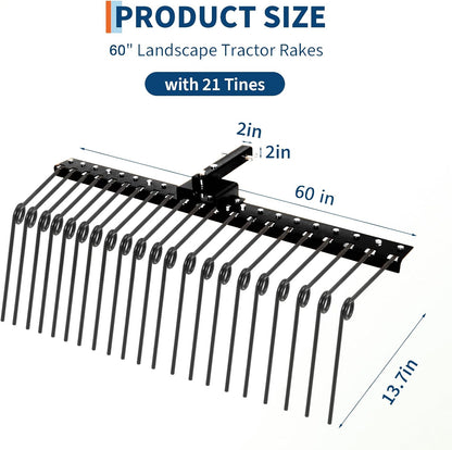 Tow Behind Landscape Rake, 60" Tow Dethatcher with 21 Steel Coil Tines, Lawn Dethatcher Rake