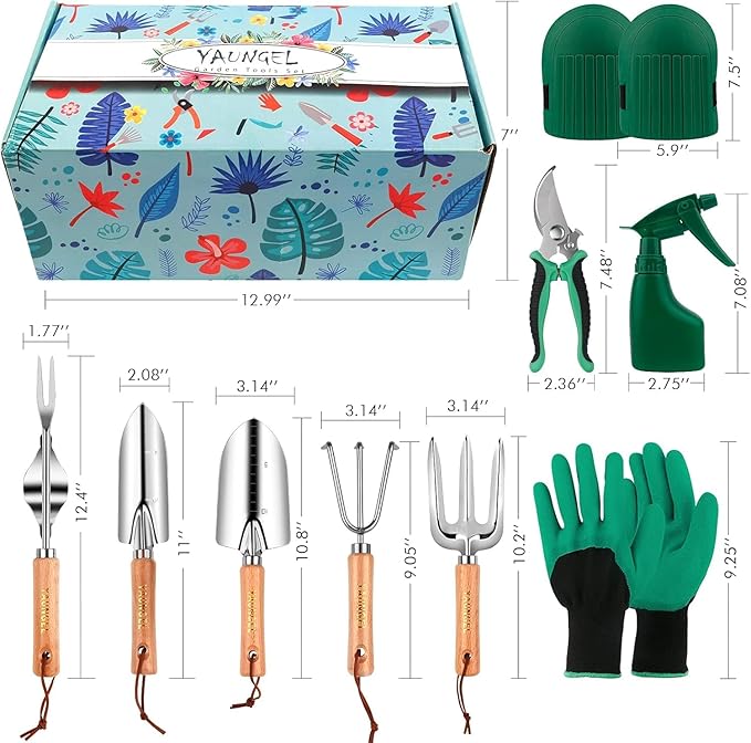YAUNGEL Gardening Tools - 10 Pcs Garden Tool Set Heavy Duty Stainless Steel Garden Supplies Hand