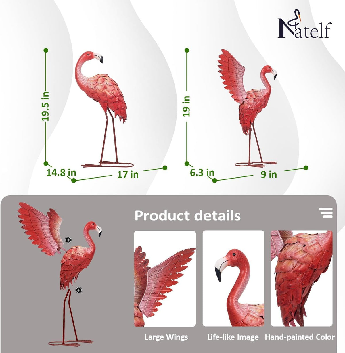 Natelf Pink Flamingo Garden Statues - Metal Flamingo Yard Art Decor, Weather-Resistant Outdoor