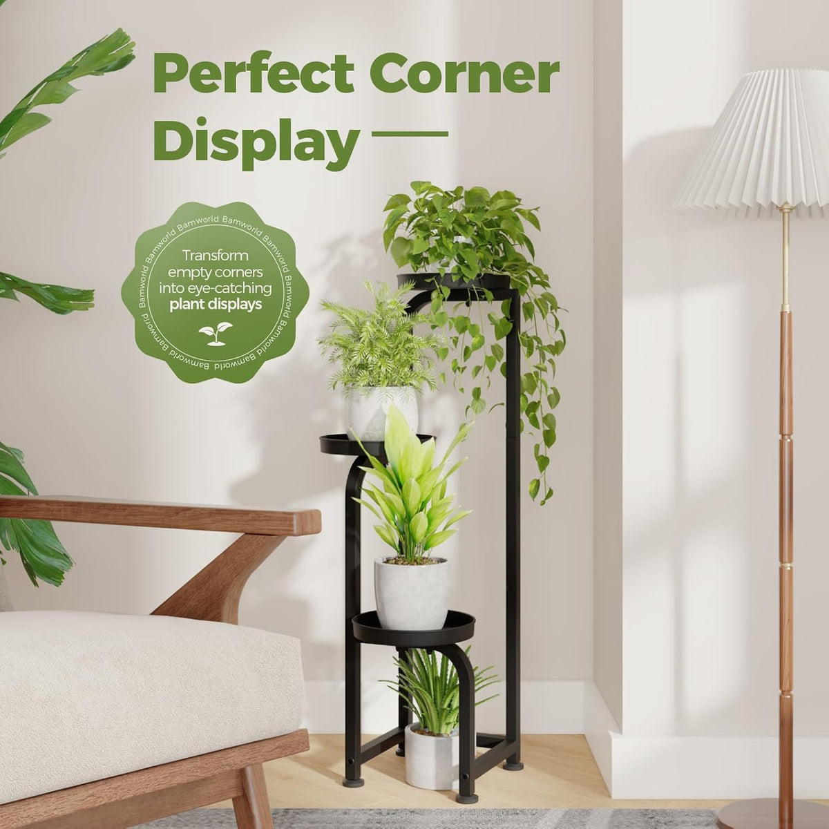 Bamworld Tall Plant Stand Indoor Outdoor, Corner Metal Flower Pot Stands for Multiple Plants, 3