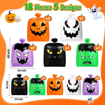 Qilery 18 Pcs Halloween Leaf Lawn Bags Plastic Pumpkin Trash Bags for Leaves with Twist Ties for