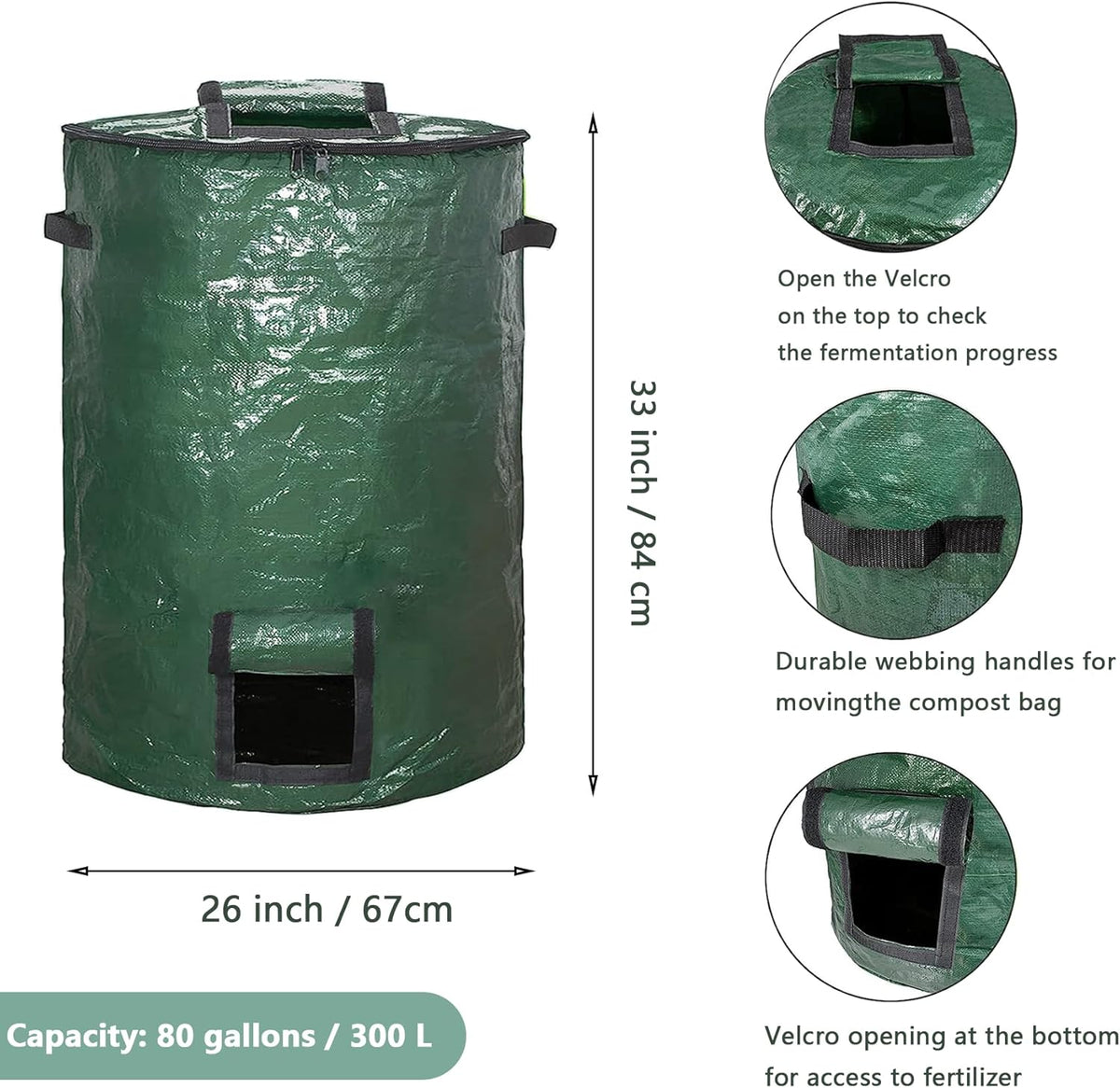 Large Compost Bin Bags,Garden Compost Bin Bags 80 Gallon(300L) Outdoor Collapsible Garden Yard
