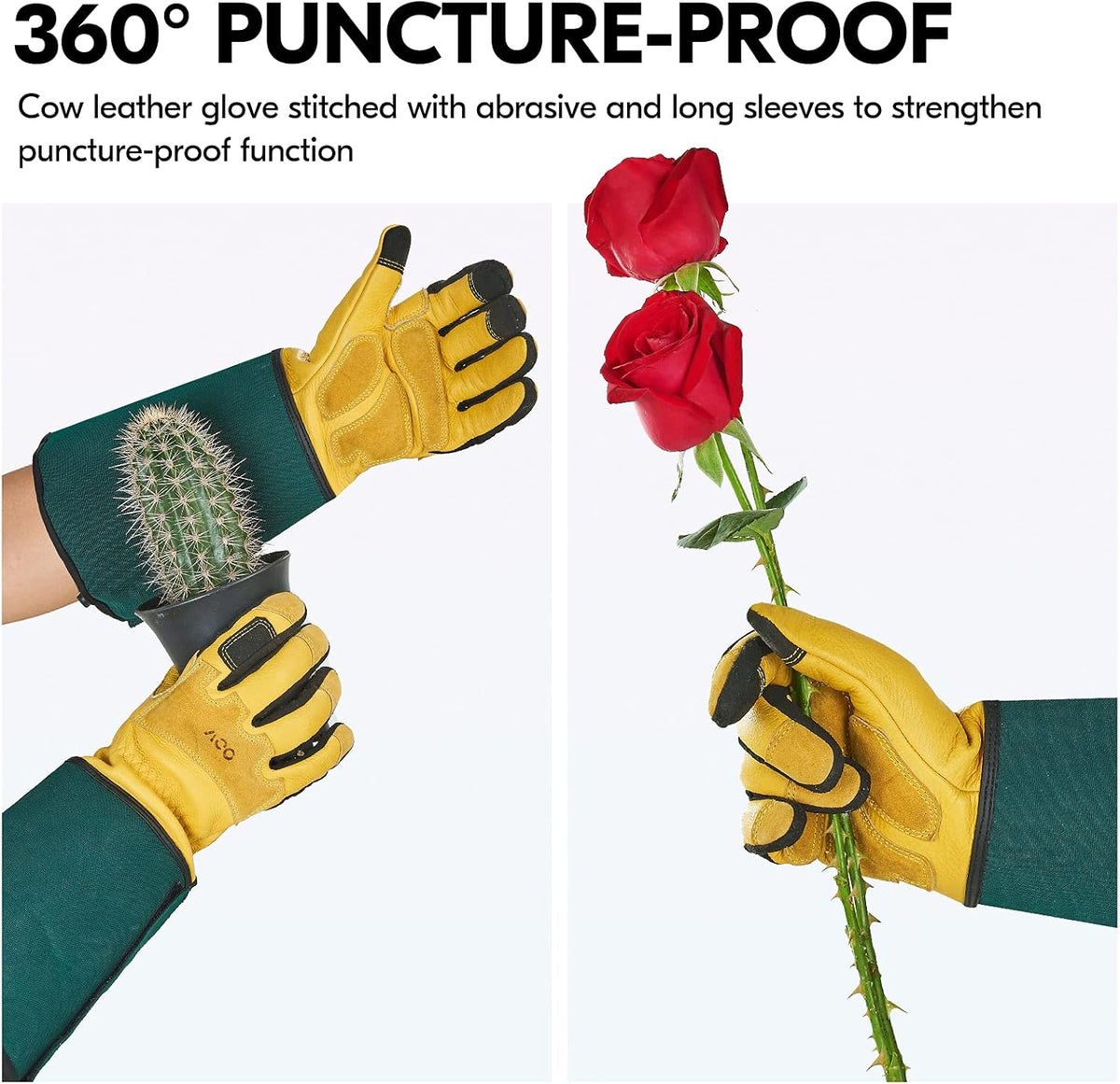 Vgo... Safety Work Gloves Men,Extra-long Cuff, Cow Grain Leather,Puncture-proof, Thornproof