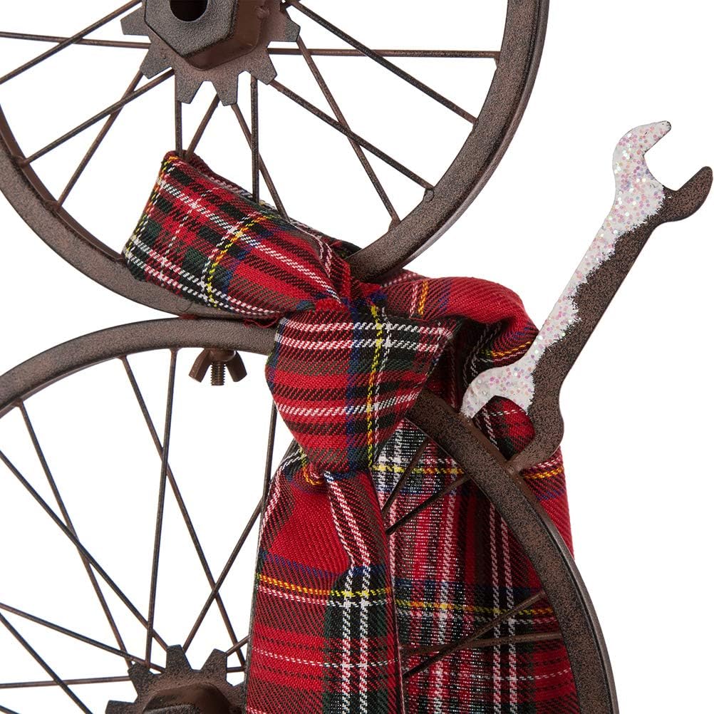 Glitzhome 33.98" H Metal Bike Wheel Snowman with Plaid Scarf Hat Porch Decor Metal Bicycle Garden