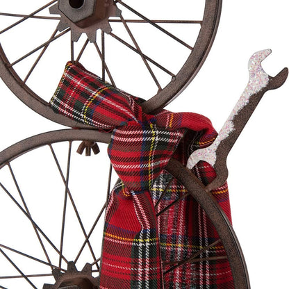 Glitzhome 33.98" H Metal Bike Wheel Snowman with Plaid Scarf Hat Porch Decor Metal Bicycle Garden