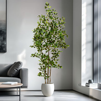 Artificial Ficus Tree Indoor 7ft, Large Potted Faux Tree with Realistic Silk Leaves & Trunk for