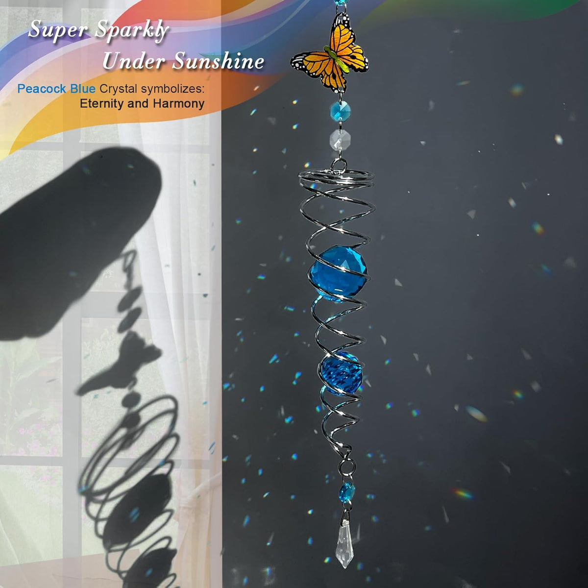 FONMY Butterfly Sun Catcher Gazing Ball Wind Spinner Rainbow Maker Silver Spiral W/ K9 Blue Crystal