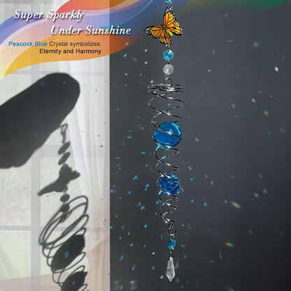 FONMY Butterfly Sun Catcher Gazing Ball Wind Spinner Rainbow Maker Silver Spiral W/ K9 Blue Crystal