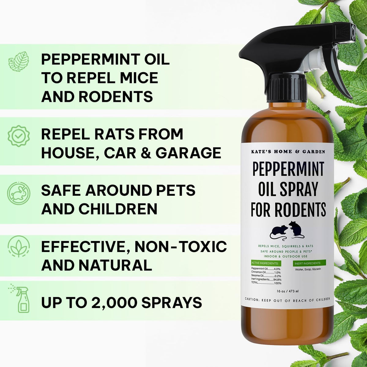Kate Naturals Peppermint Oil Spray for Rodents, Squirrels, Mouse, Bat, Rat, Car Engines (16oz