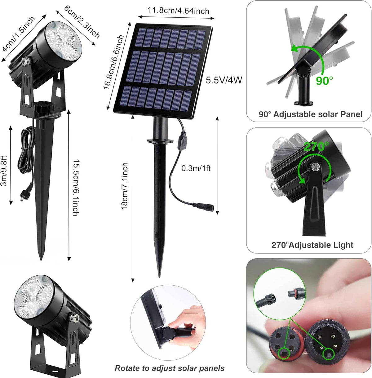 Solar Spot Lights Outdoor, 3-in-1 Garden Spotlights IP65 Waterproof 9.8ft Cable, 5W 4000mAh