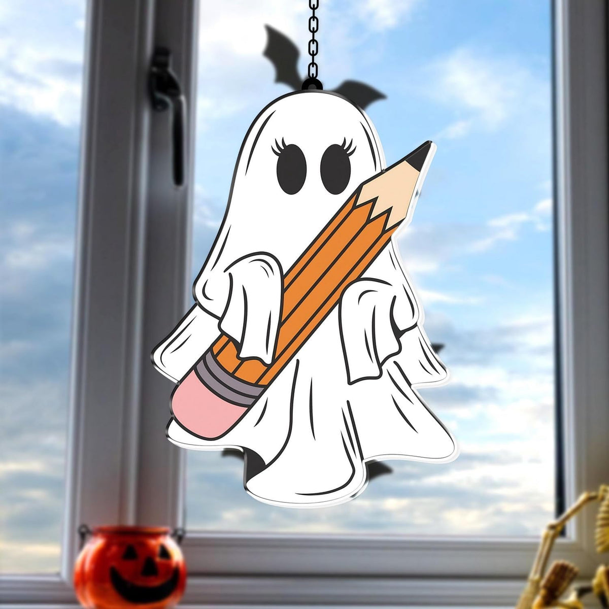 7.87Inch Cute Pencil Ghost Sun Catcher Acrylic Garden Halloween Suncatcher Decor Window Hanging for