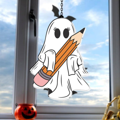 7.87Inch Cute Pencil Ghost Sun Catcher Acrylic Garden Halloween Suncatcher Decor Window Hanging for