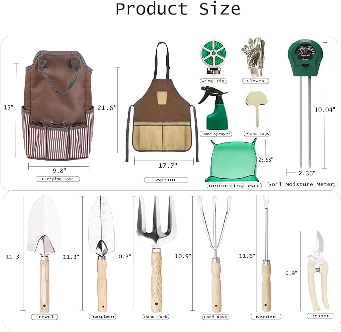 14 PCS Garden Tool Set with Soil Moisture Meter, Stainless Stell Heavy Duty Gardening Hand Tools