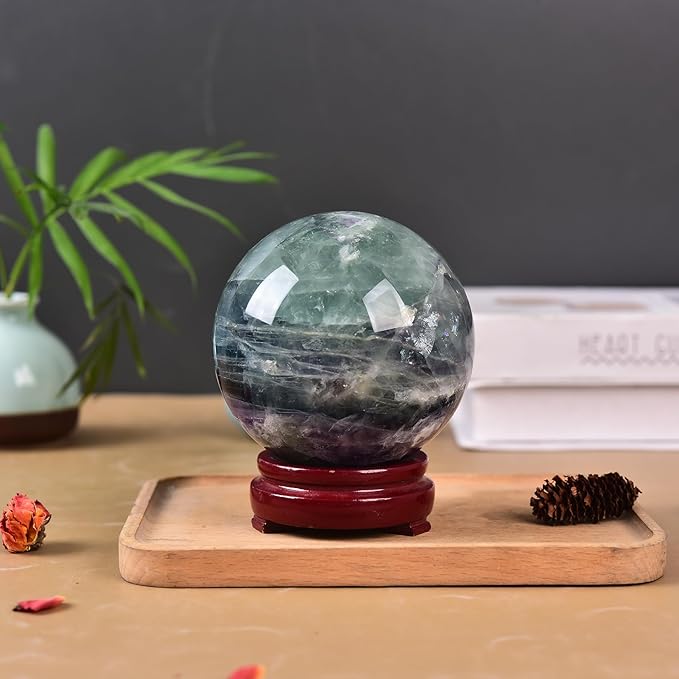 JIC Gem Large Colorful Fluorite Crystal Sphere Ball with Wooden Stand Fluorite Healing Decorative