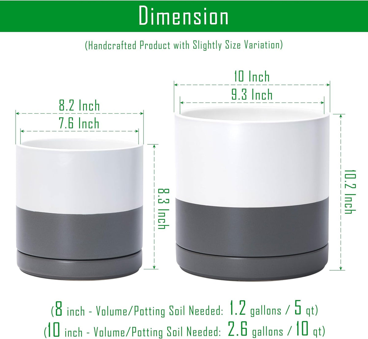 D'vine Dev 8.2 Inch & 10 Inch Ceramic Planter Pot for Plants with Drainage Hole and Saucer, Large