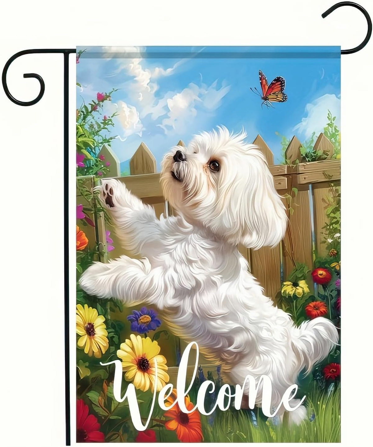 BlissYard Welcome Spring Summer Flowers Maltese Dog Garden Flag Lovely Floral Seasonal Home Decor