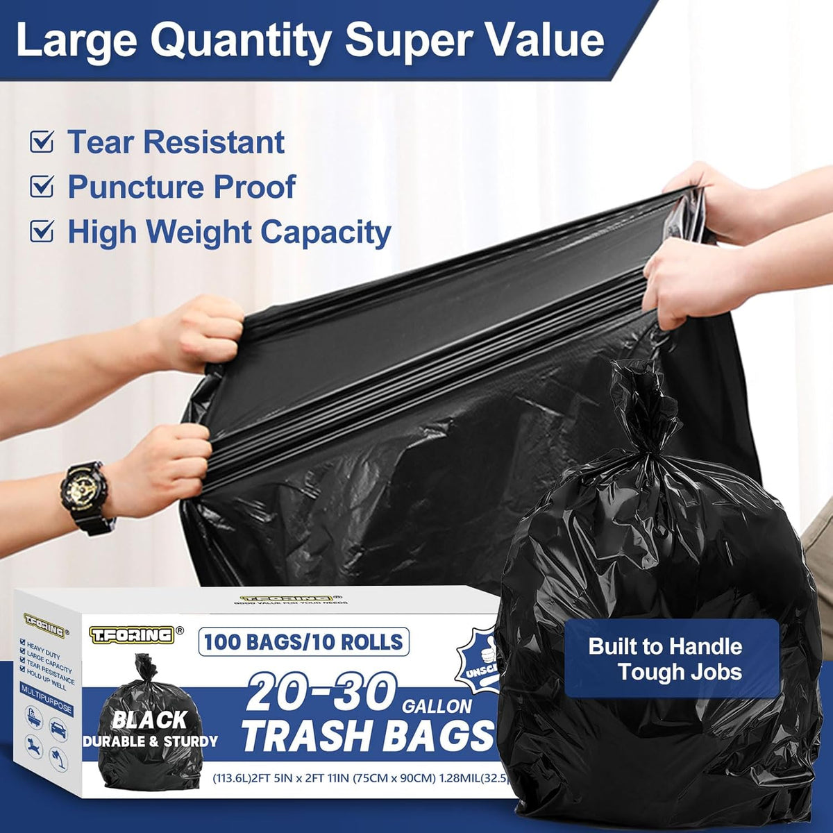 20-30 Gallon Trash Bags Black - 1.28 Mil Thick,30" x 35" Large Garbage Bags 100 Count，20+ Gallon