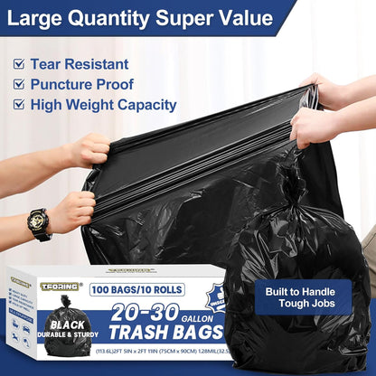 20-30 Gallon Trash Bags Black - 1.28 Mil Thick,30" x 35" Large Garbage Bags 100 Count，20+ Gallon
