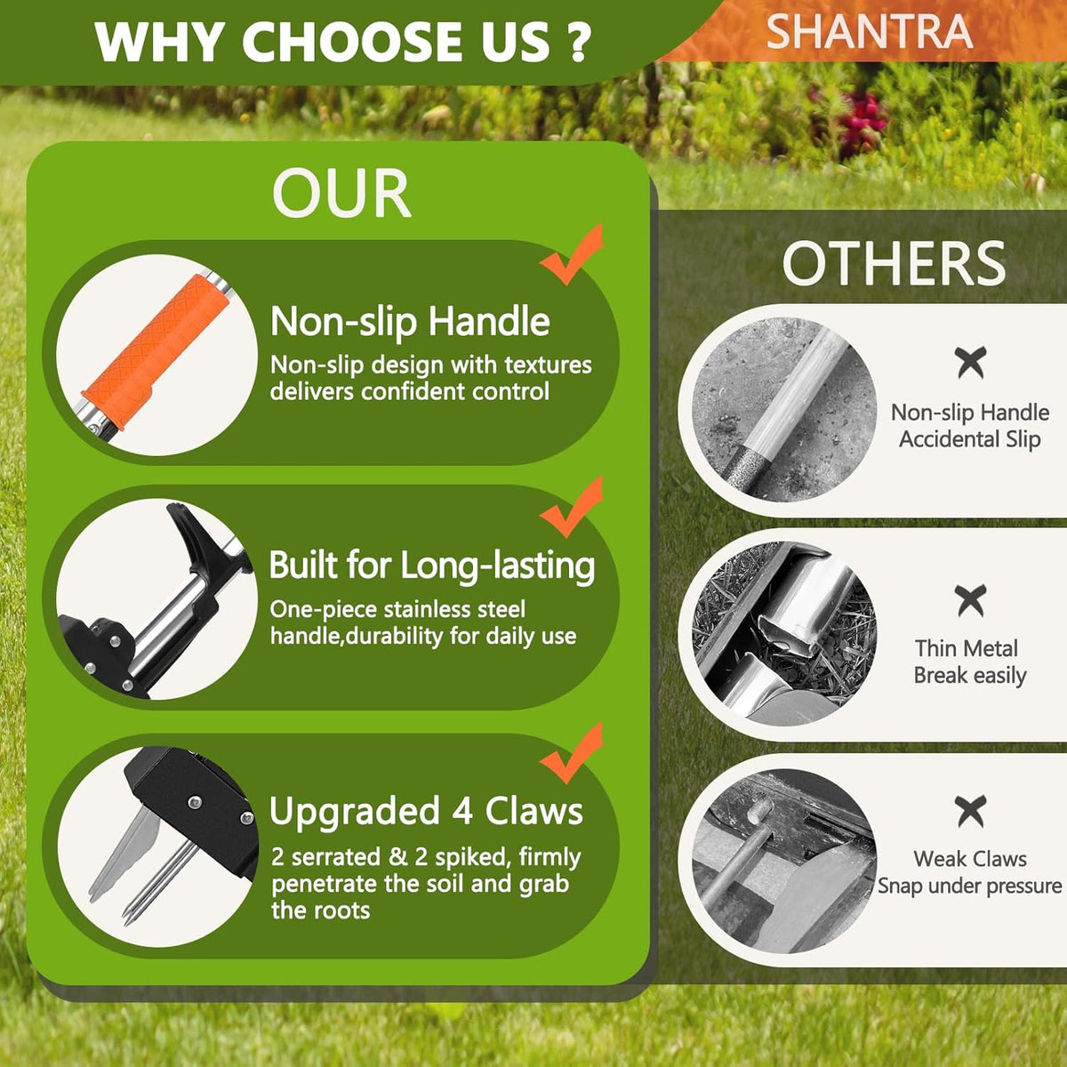 SHANTRA Weed Puller Tool, 4-Claw Stand Up Weed Puller Tool with Long Handle, Garden Weeder Puller