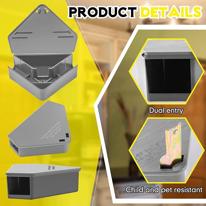 Qualirey 12 Pcs Mice Station with Key Triangle Bait Station Reusable Rodent Trap Bait Box, Keeps