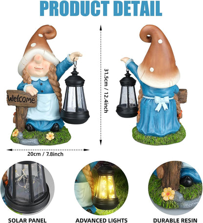 Solar Large Gnome Garden Statue with Welcome Sign Outdoor Decor with LED Lantern Funy for Porch