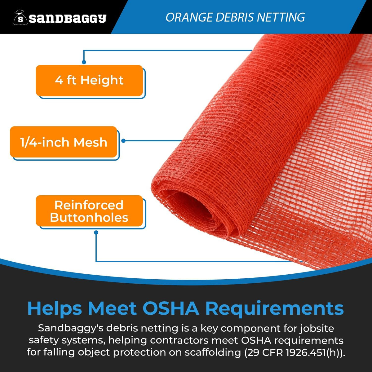 Sandbaggy Fire Resistant Debris & Safety Netting | Orange Construction HDPE Mesh (1, 4 ft x 150 ft)