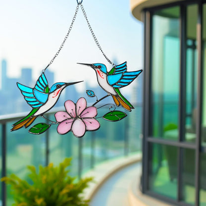 Stained Glass Window Hanging, Duo-Humming Bird Style, Colorful Sun Catcher Panel for Indoor/Outdoor