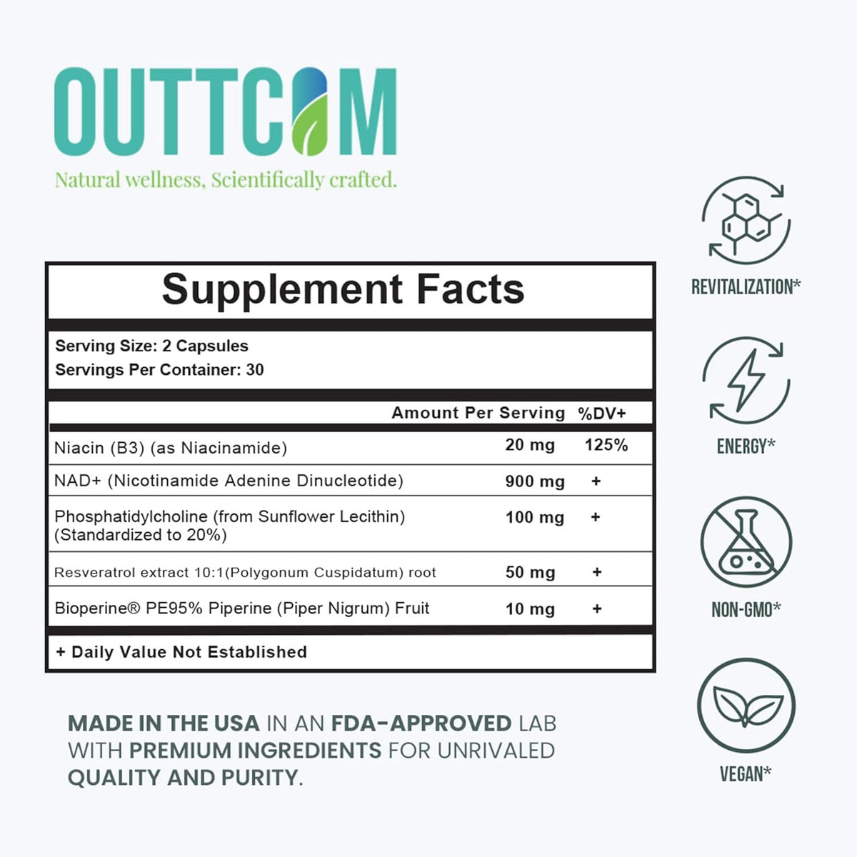NAD+ Supplement w/ Resveratrol, B12, Phosphatidylcholine & Bioperine – 900mg NAD+ Capsule, 60