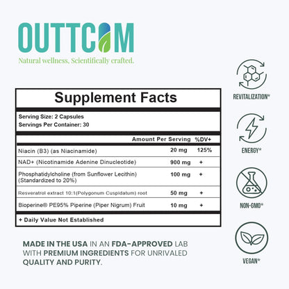 NAD+ Supplement w/ Resveratrol, B12, Phosphatidylcholine & Bioperine – 900mg NAD+ Capsule, 60