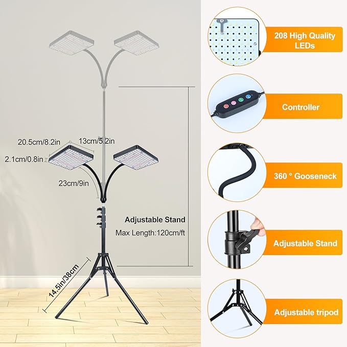 2-Head Grow Light with Stand 50W, FECiDA 2025 Grow Lights for Indoor Plants, Full Spectrum LED