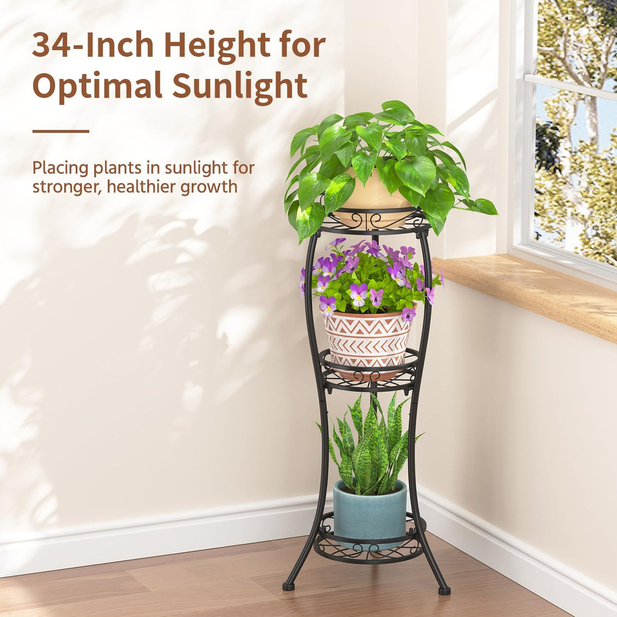 LASZOLA Black 3 Tier Tall Plant Stand for Indoor Outdoor, Large Multiple Level Flower Planter