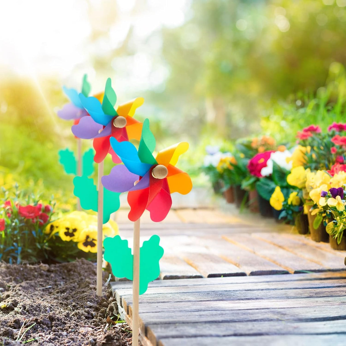 Blue Panda 12-Pack Rainbow Flower Pinwheels for Yard and Garden - Wind Spinners and Outdoor Party