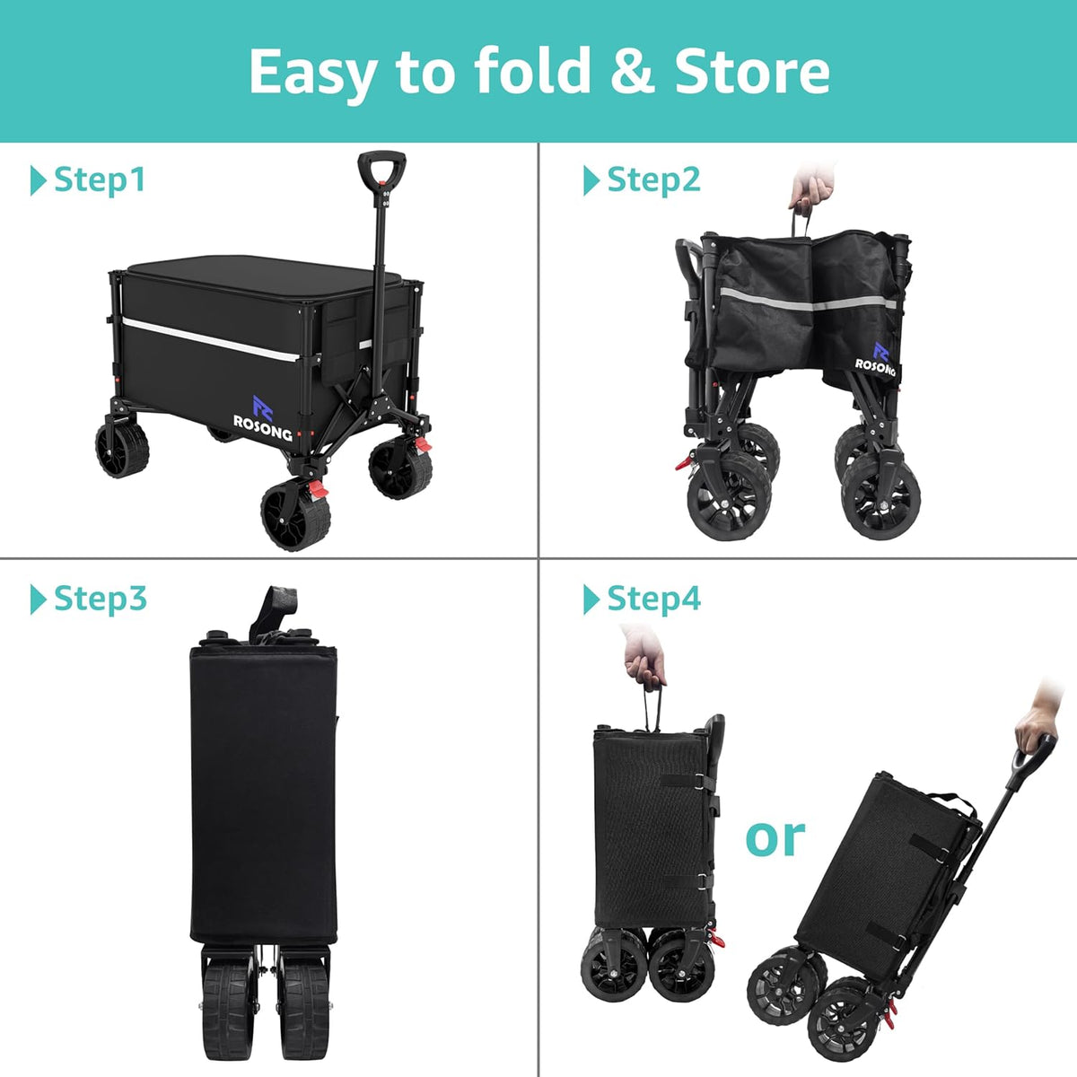 Collapsible Wagon Cart with Wheels Foldable - Folding Utility Heavy Duty Wagons Carts for Grocery