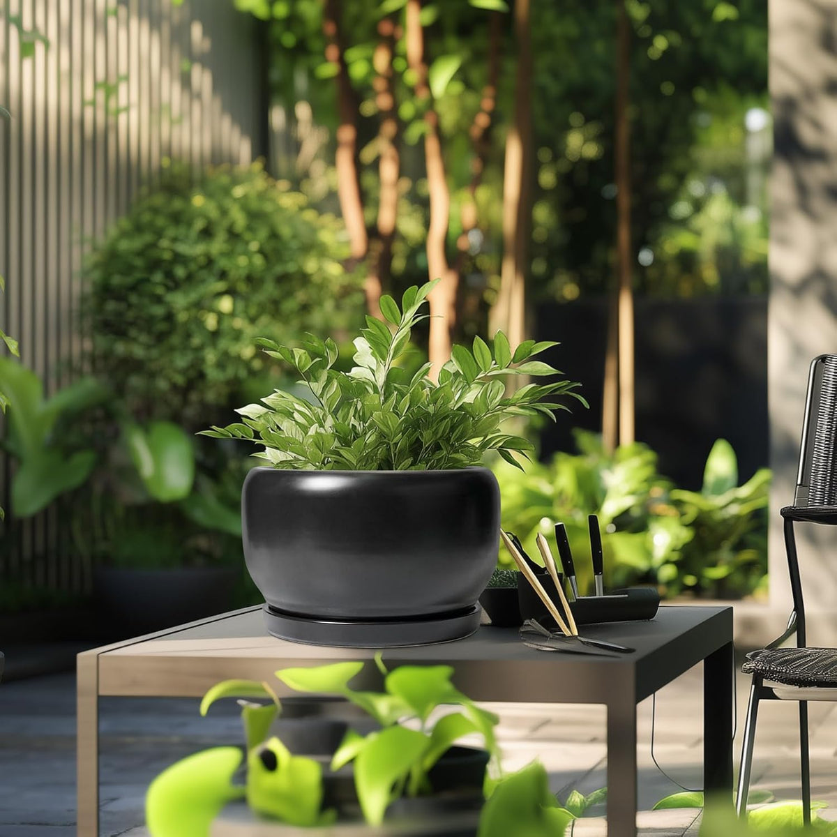 SQOWL Ceramic Flower Pot - 10 Inch Planter with Drainage Hole and Saucer, Modern Large Plant Pot