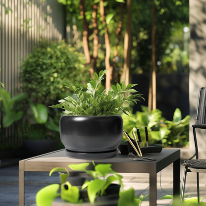 SQOWL Ceramic Flower Pot - 10 Inch Planter with Drainage Hole and Saucer, Modern Large Plant Pot