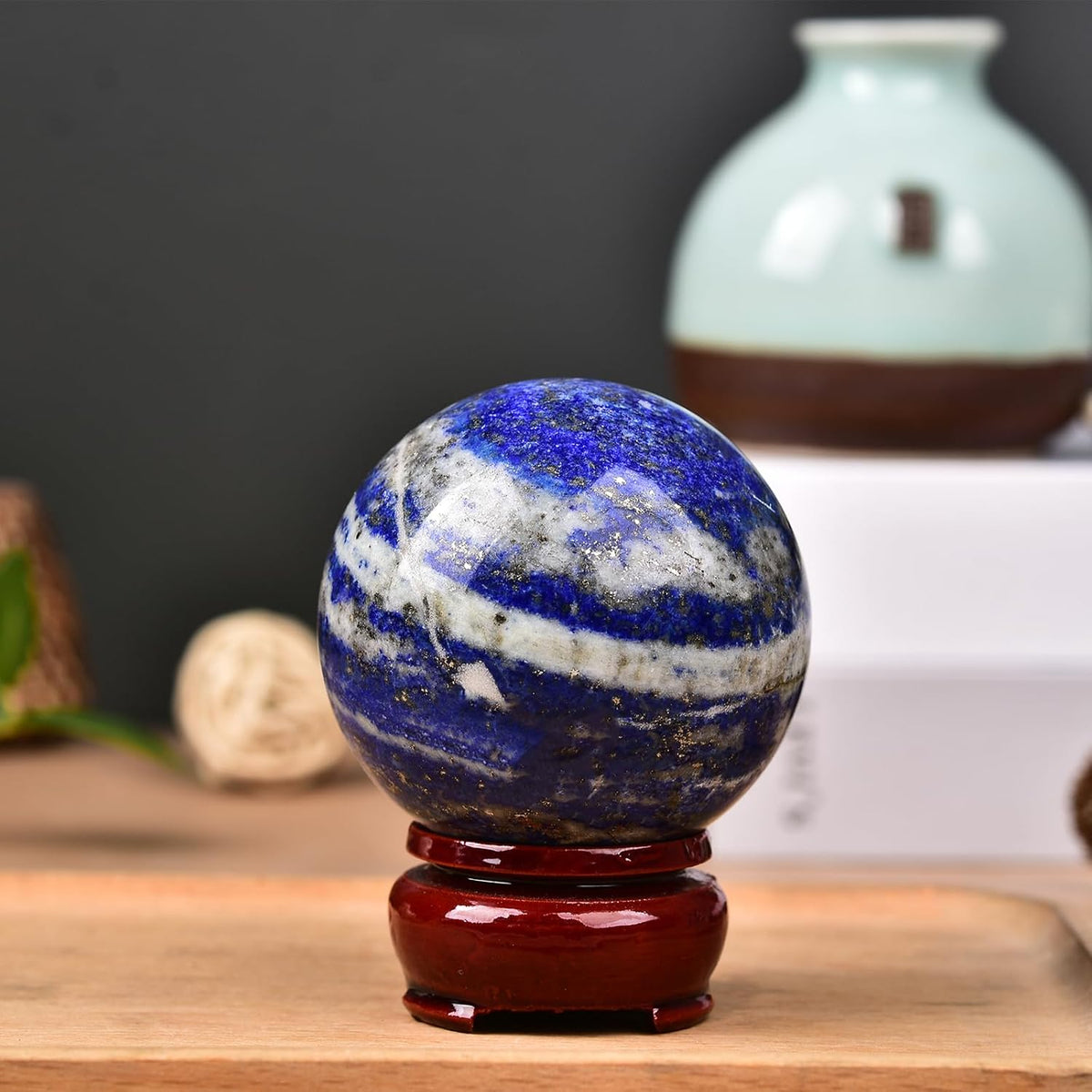 JIC Gem Lapis Lazuli Crystal Sphere Blue Quartz Crystal Ball with Wooden Stand Meditation Balls for