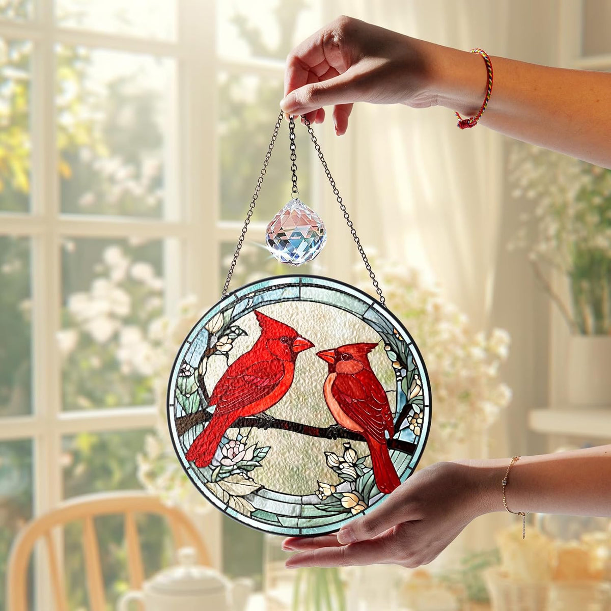 7.8" Cardinal Stained Glass Suncatchers, Red Birds and Flower Art Glass Sun Catcher for Window