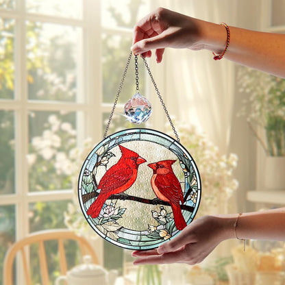 7.8" Cardinal Stained Glass Suncatchers, Red Birds and Flower Art Glass Sun Catcher for Window