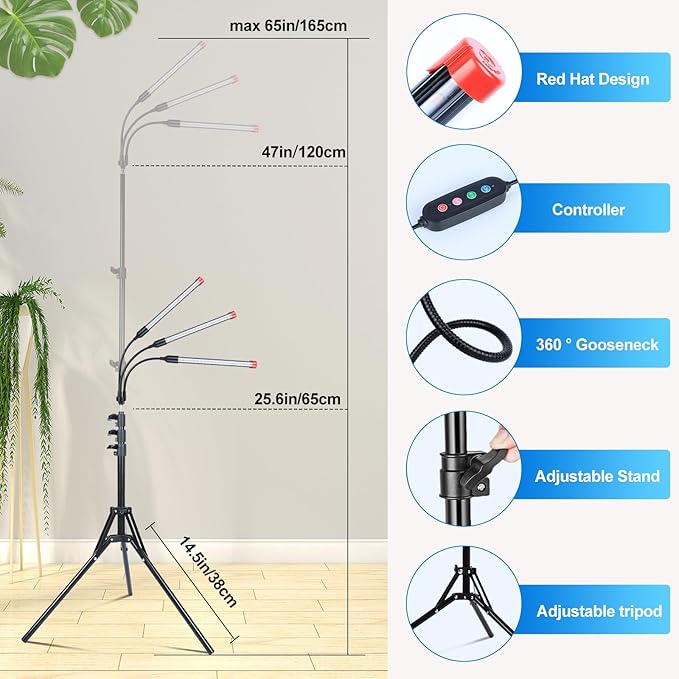 3-Head Grow Light with Stand and Timer, 27 Watt Power Home Plug LED Grow Lights for Indoor Plants