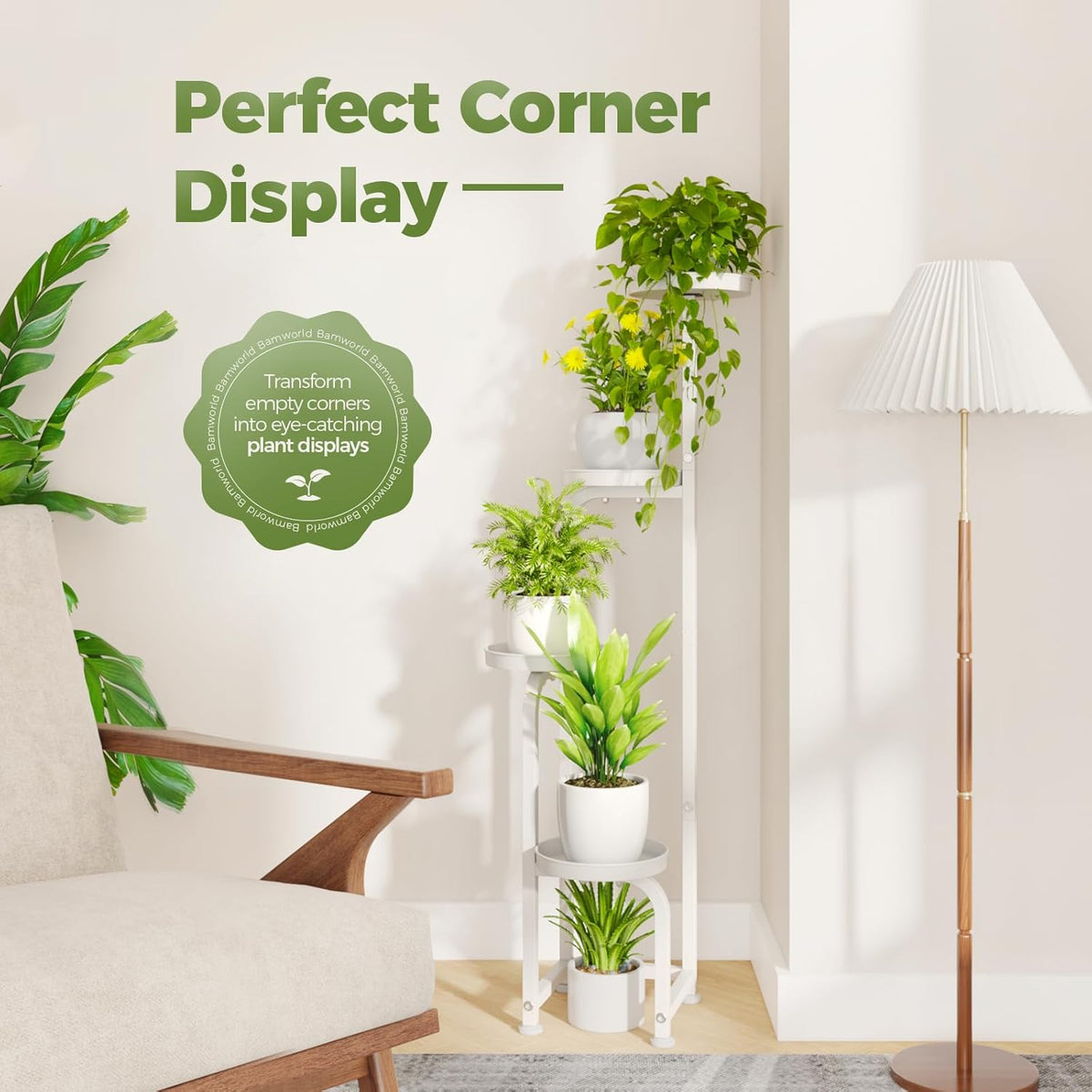 Bamworld Corner Plant Stand Indoor Outdoor, Tall Metal Flower Pot Stands for Multiple Plants, 4