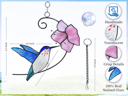 Lolitarcrafts Hummingbird with Flower Stained Glass Suncatcher Bird Stained Glass Window Hangings