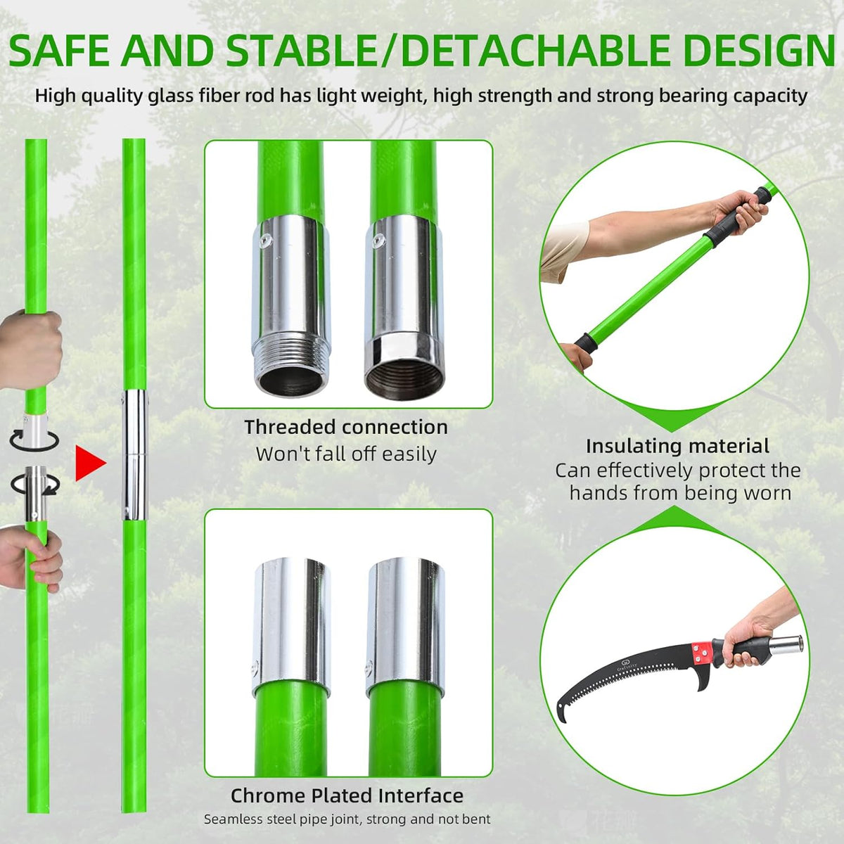 27FT Manual Pole Saw, Tree Branch Trimmer with 8-Section Fiberglass Handle, Sharp Steel Blade and